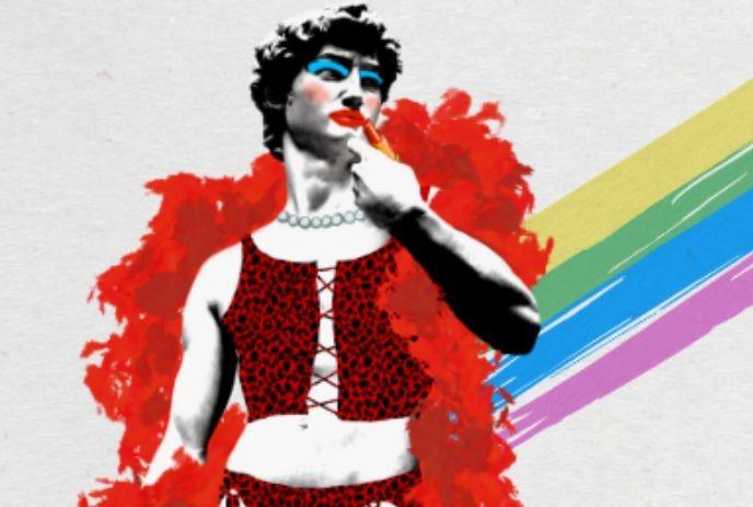 A person in a red feathered outfit and leopard print top applies lipstick against a colorful striped background.