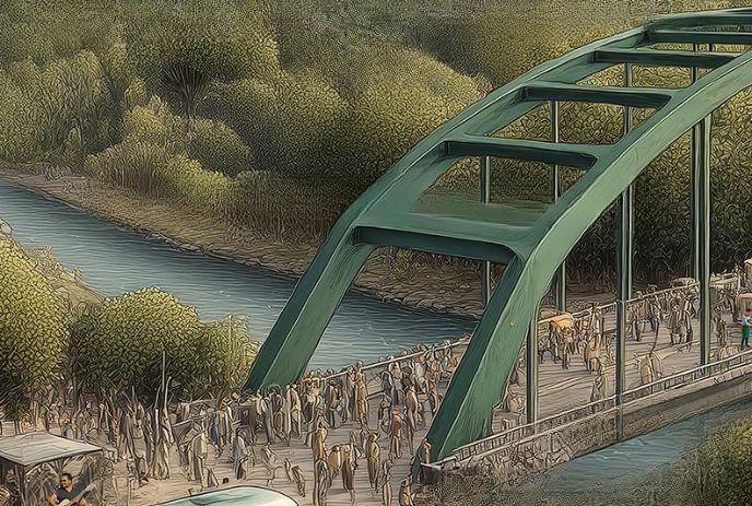 A painting of Blackfriars Bridge, with many people gathered on it.