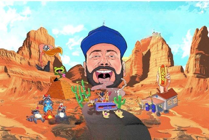 A cartoon desert with Heyz in a blue hat in the background and quirky characters.