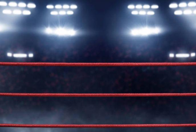 A smoky wrestling ring with red ropes illuminated by bright overhead lights.