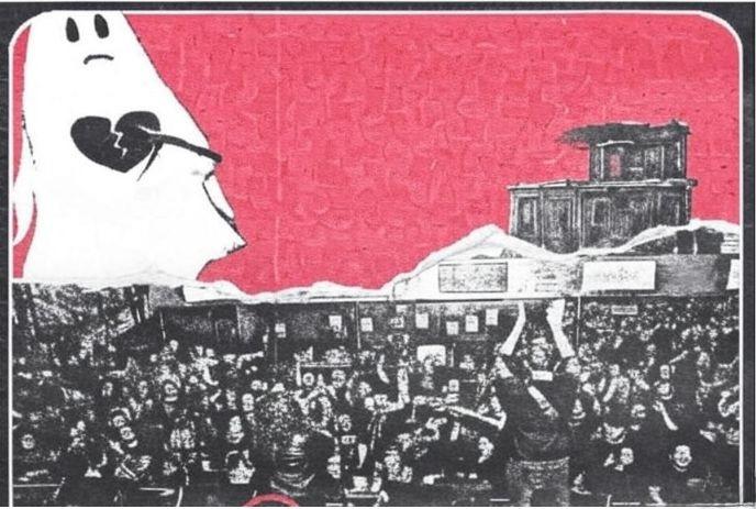 A crowd of people under a red sky with a ghostly figure and a broken heart symbol.