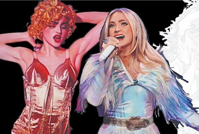Madonna tribute in red metallic bra poses beside blonde Carrie Underwood singing in blue gown, on black background.