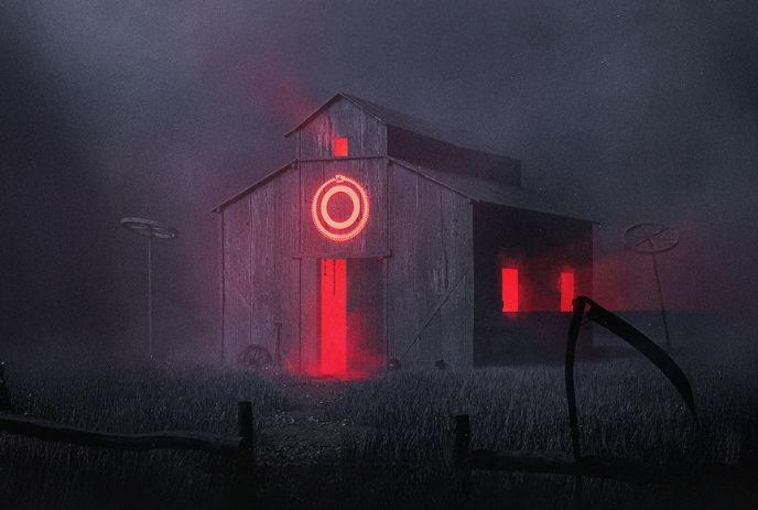 Eerie barn glowing red with a sinister circular symbol in thick fog at night.