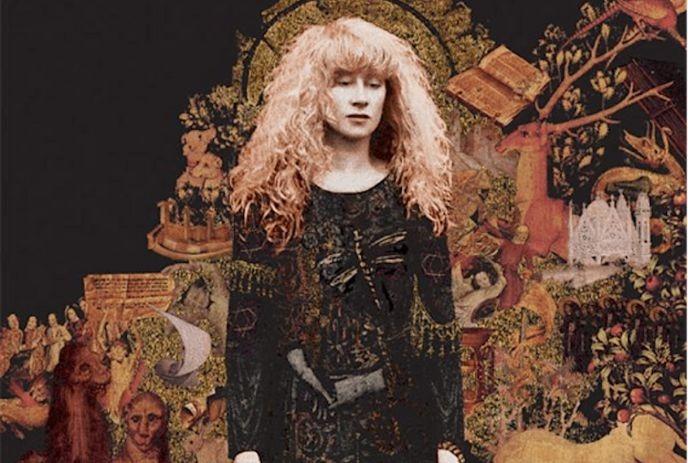 A woman with curly blonde hair in dragonfly top amid surreal medieval collage.