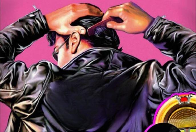 A pop art greaser in a leather jacket, combing slicked hair against a pink background with a jukebox.