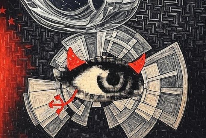 Demonic eye with red horns, abstract geometric patterns, red tail arrow, and metallic droplet on dark background.