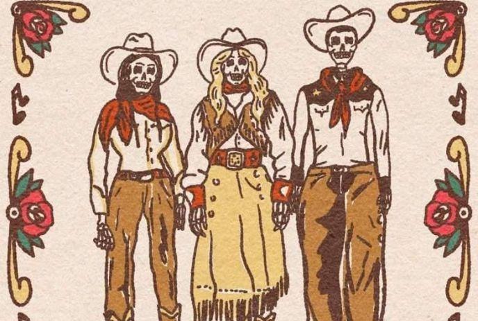 Illustration of Lindsey & The Lonlies as three skeleton cowboys in hats, scarves, and western outfits with roses and musical notes.