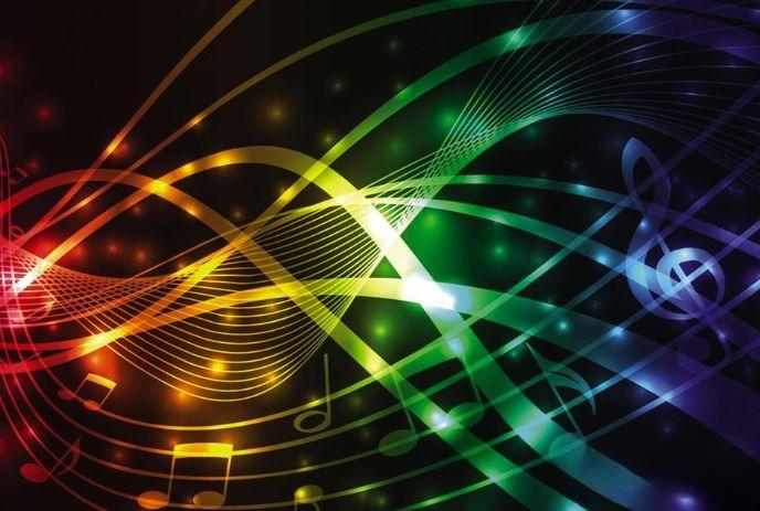 Vibrant rainbow waves with glowing musical notes on a starry black background.