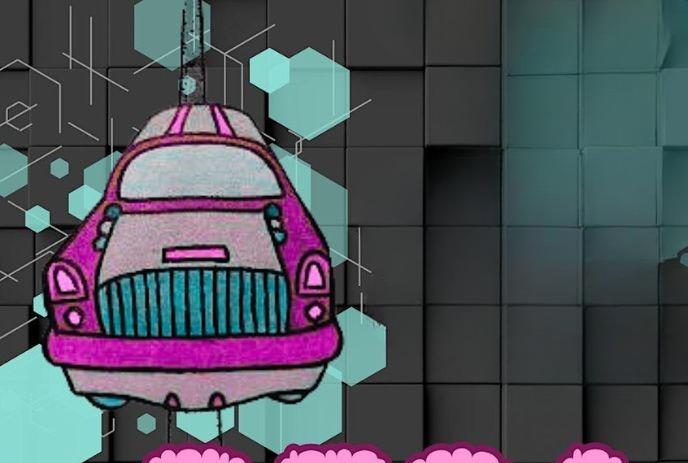 A pink cartoon car floats above pink clouds against a geometric black and teal background.