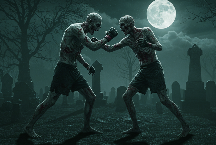 Two zombies boxing in a eerie graveyard under a full moon, surrounded by tombstones and barren trees.