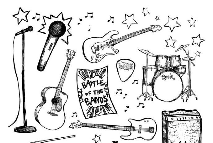 Sketches of musical instruments with a piece of paper saying 'Battle of the bands'.