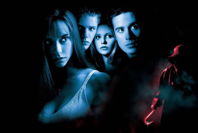 Four frightened teens stare into the darkness as a hooded killer with a bloody hook emerges from shadows and mist.