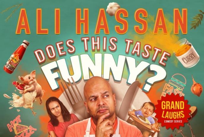 Comedian ali hassan posing amid food icons with baby closed mouth and bright comic poster backdrop.