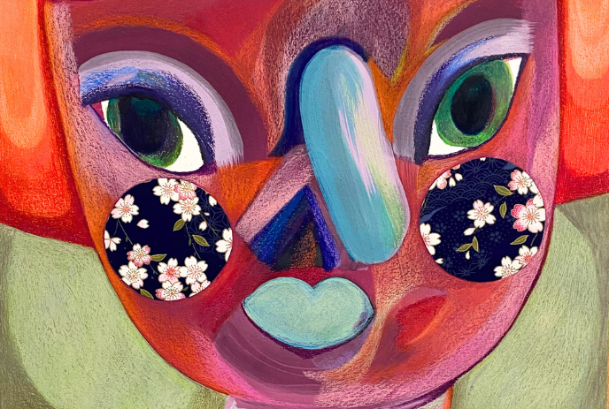 A vibrant abstract face with floral patterns on cheeks and exaggerated features, blending colors beautifully.