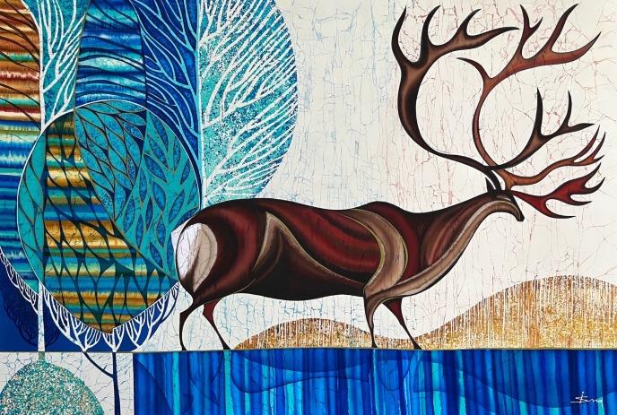 Painting of a deer with large antlers, walking in water and surrounded by trees and hills.