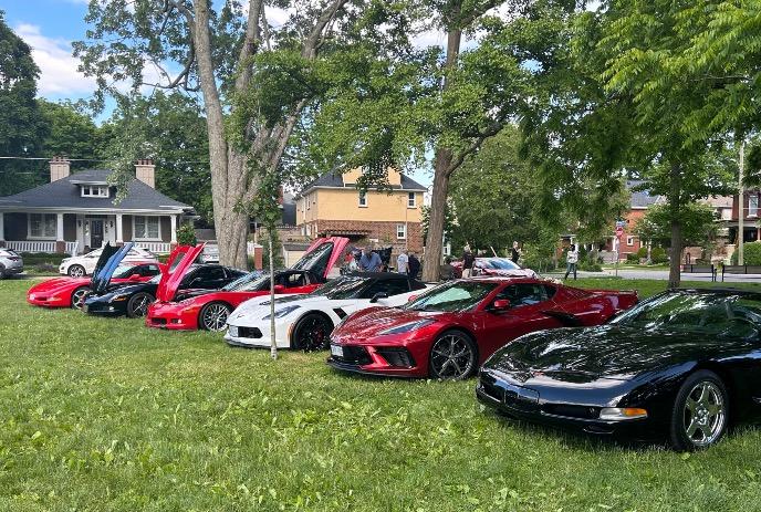 Six Corvettes parked on grass at a car show, under the trees.