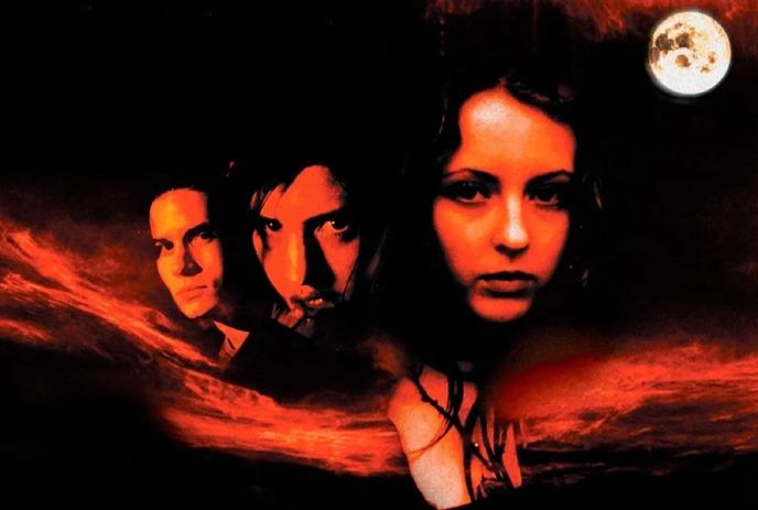 Three people superimposed on a red/orange cloudy background.