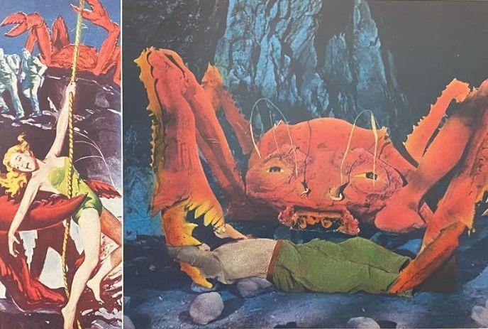 Giant crab monsters attack people as a woman clings to a rope and a man is seized by a giant crab.