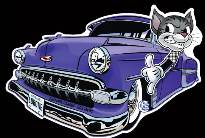 Purple car with a cool cat signaling hang loose hanging out the window.