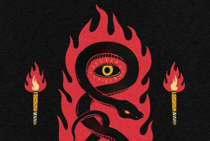 A snake around a yellow eye in the center with two flame torches under a black background.