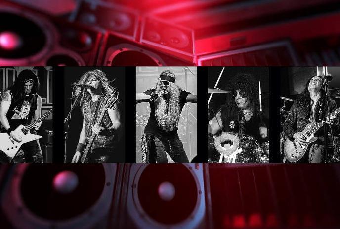 A black & white image of a rock band performing live with guitarists, drummer & vocalist on stage.