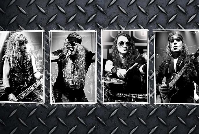 Four rock musicians posed with instruments against a textured metal backdrop in bold monochrome style.