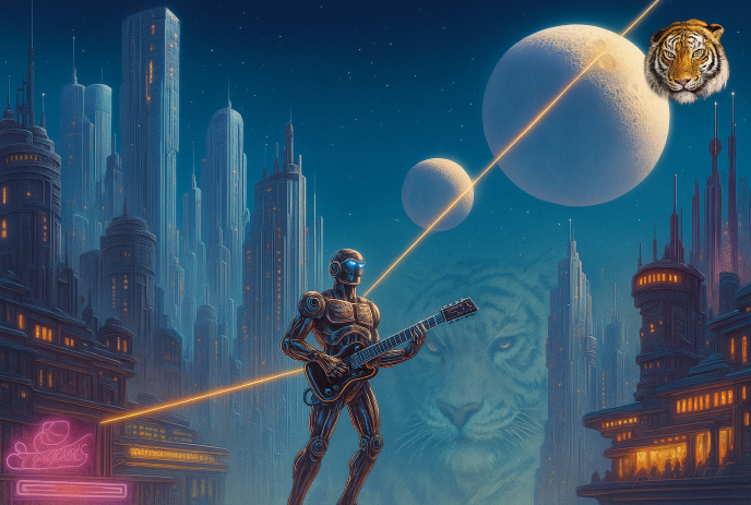 A robot plays a laser guitar in a neon cyberpunk city with moons and a tiger face.