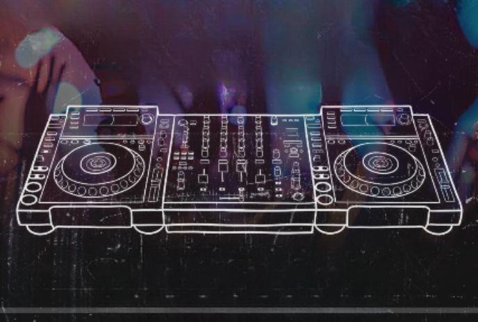 A white line drawing of a DJ setup with turntables and a mixer, overlaid on a blurred, colorful background of a club scene.