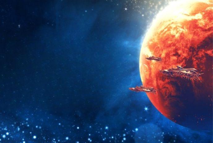 A fiery red planet with several futuristic spacecraft orbiting against a starry blue space background.