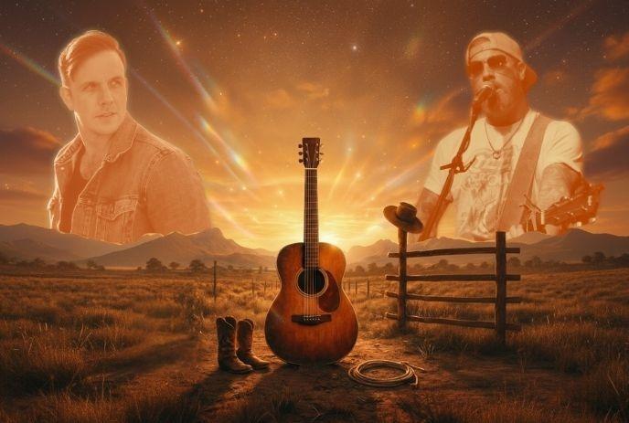 Acoustic guitar and cowboy boots in a grassy field at sunset, with Brian John Harwood and Eric Ethridge's faces in the sky.