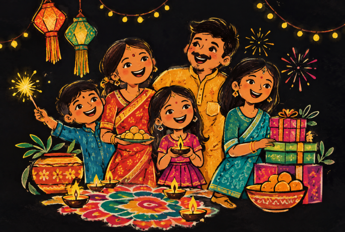 Group celebrating Diwali with lamps, gifts, and sweets in bright festive scene featuring adults and children.