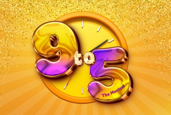 Vibrant golden sparkling design for nine five the musical with clock hands glowing against a bright backdrop.