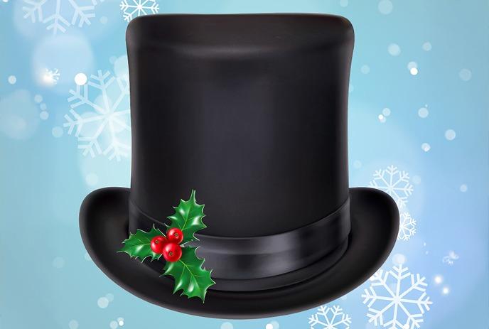 A black top hat with a piece of holly on it, the background has snowflakes  floating around
