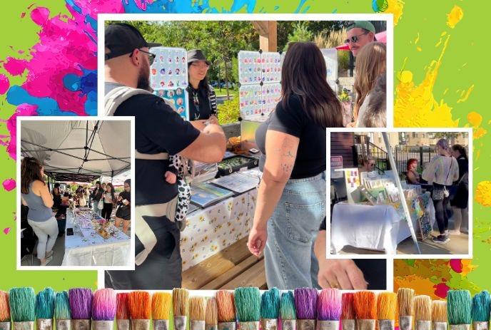 Colorful art market collage with booths prints jewelry and bright paint splashes framing lively scenes.