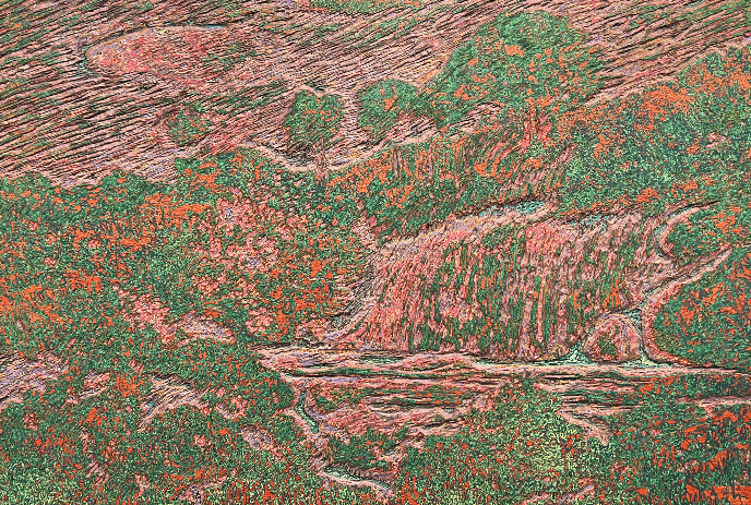 Textured artwork of a waterfall flowing through dense patterned foliage in vivid layered colors.