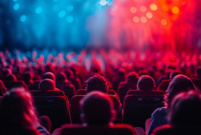 A large audience watches a screen in a theater illuminated by vibrant blue and red lights.