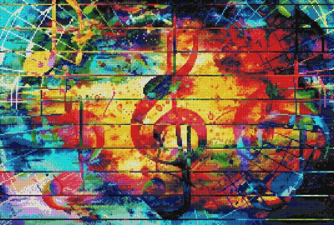 Vibrant abstract artwork featuring a colourful treble clef against a dynamic, multicolored background.