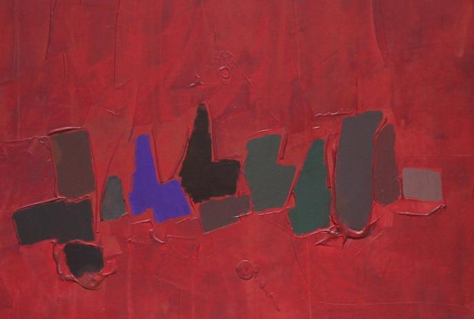 Abstract painting with a dominant red background, featuring irregular black, blue, and green shapes .