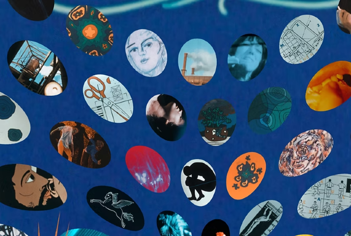 Collage of oval images with faces objects patterns and figures on a deep blue background.