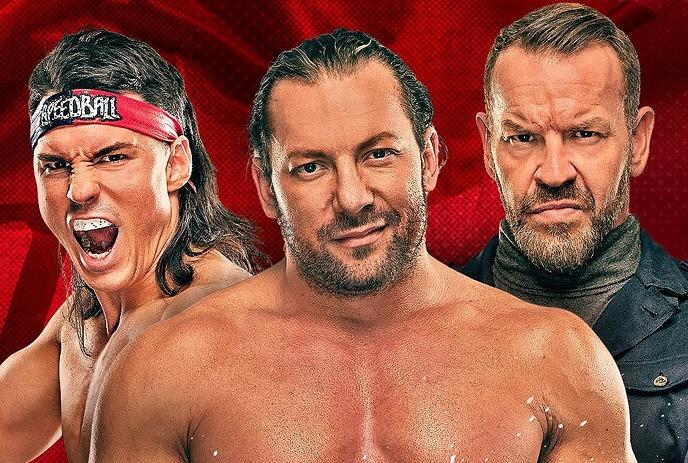 3 AEW male wrestlers posing for the camera, in front of a red background.