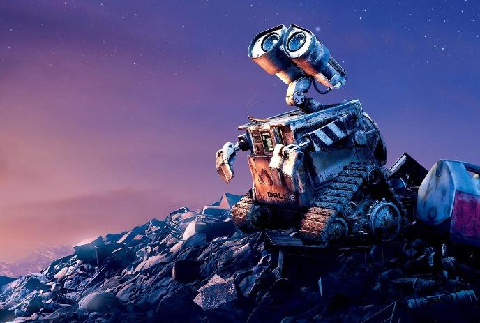 A small robot stands on debris gazing upward at a calm twilight sky filled with soft distant stars.