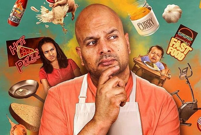Comedian ali hassan posing amid food icons with baby closed mouth and bright comic poster backdrop.
