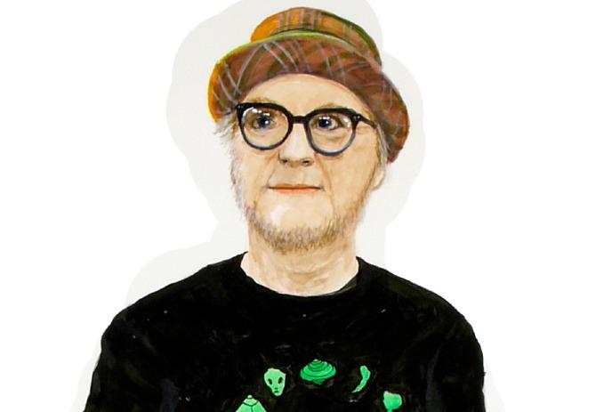 An illustration of a person wearing glasses, a plaid hat, and a black shirt with green alien designs.