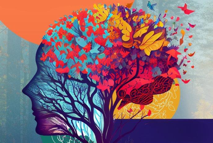 This vibrant illustration shows a human head in profile, with a tree forming the shape of the brain.
