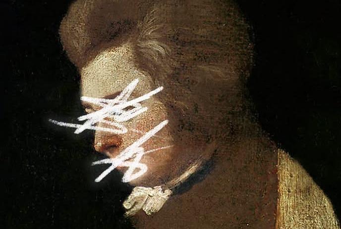 Portrait inspired by a classical painting, featuring a historical figure against a dark background with markings.