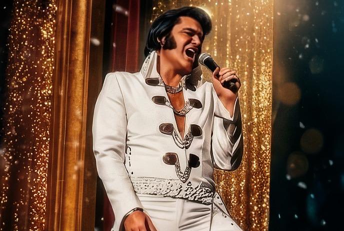 Two performers in Elvis style outfits singing on stage with guitar and festive sparkling background.