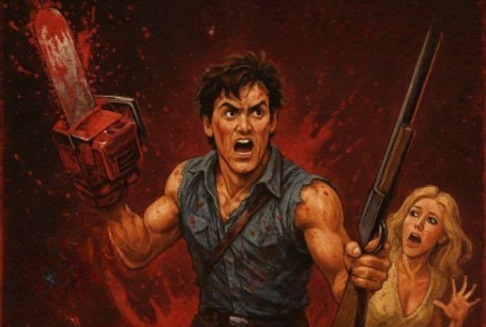 Muscular man with chainsaw and shotgun stands bloodied and a Women in the background.