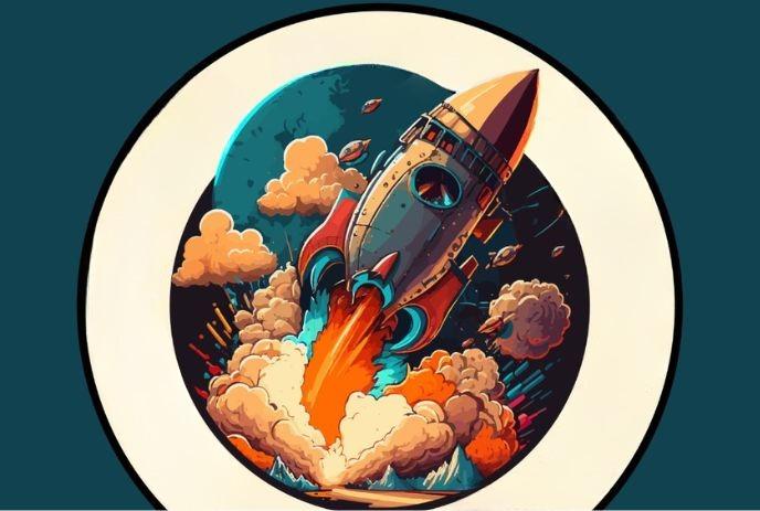 Rocket launches upward with fiery trail, surrounded by clouds, spacecraft, and planet in vibrant space scene.