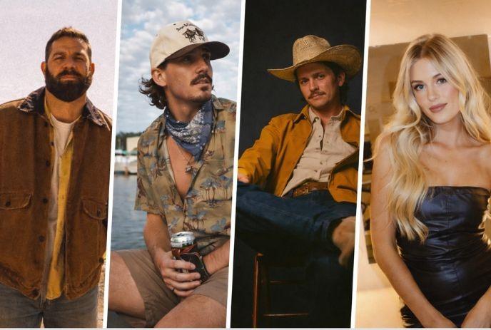 Four artists, Jordan Davis, Tucker Wetmore, Braxton Keith & Mackenzie Carpenter posing for a picture.