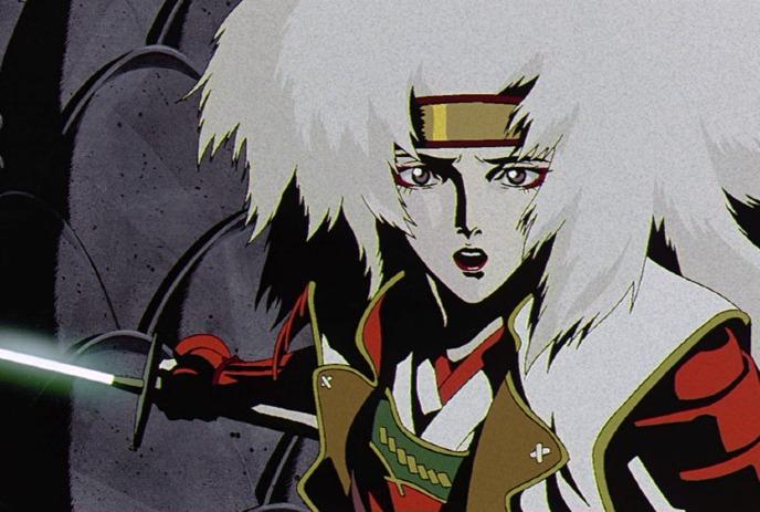 An anime character with white hair, red-brown outfit, holding a glowing sword, in a dark background scene.